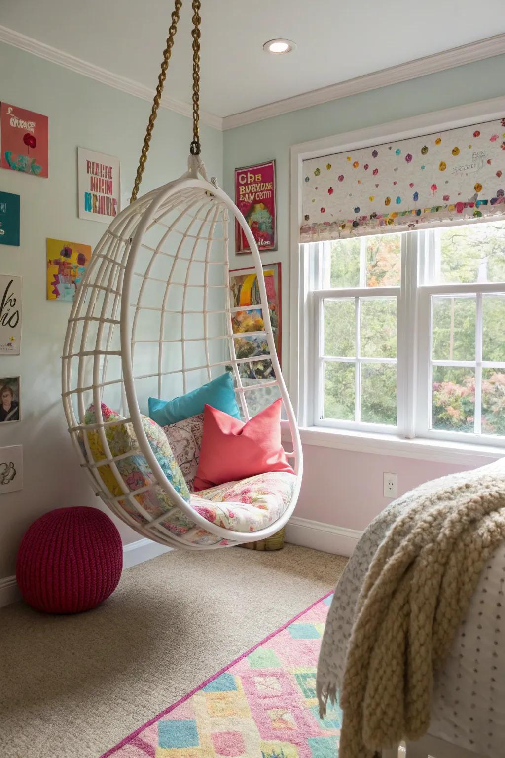 A swing chair incorporates a playful yet refined touch.