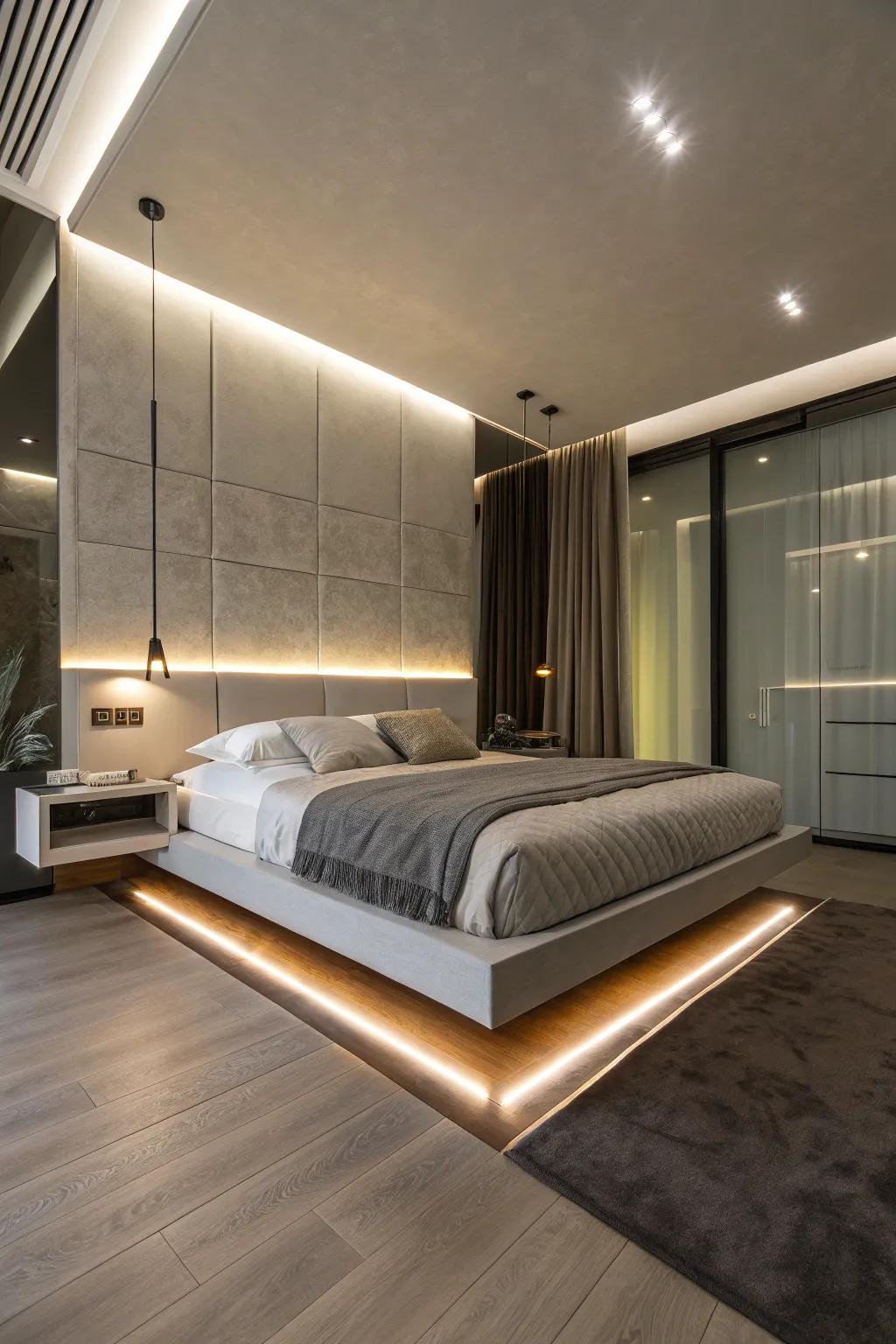 A drifting bed with underlighting crafts a smooth, modern look.