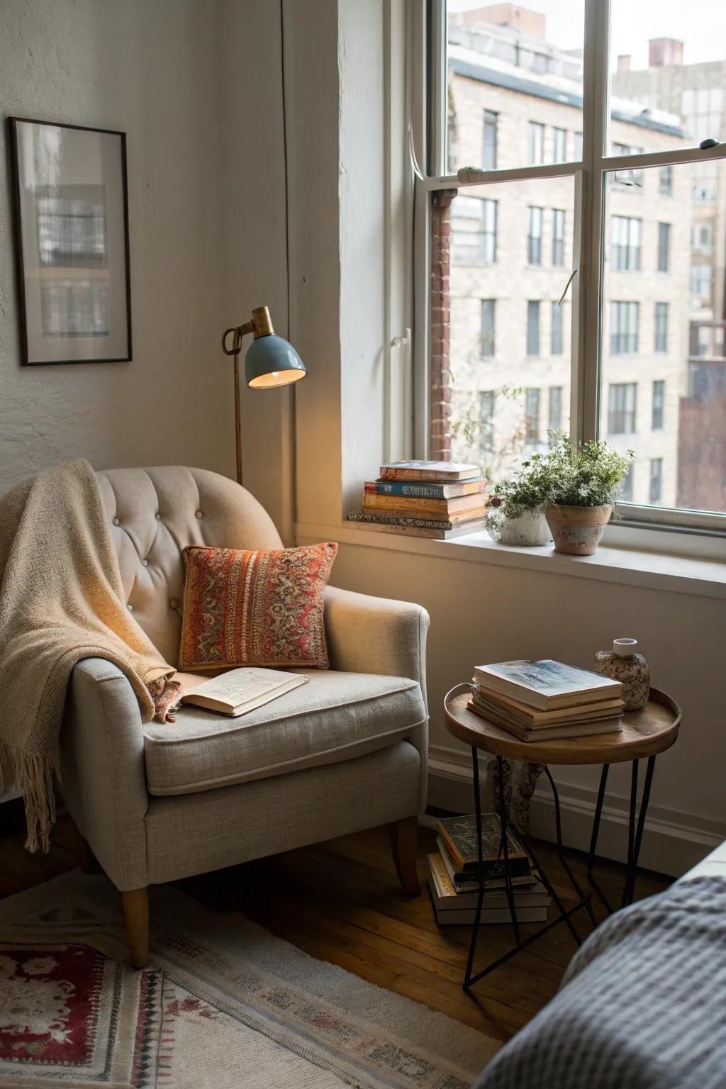 A reading nook provides a peaceful retreat inside your bustling studio apartment.