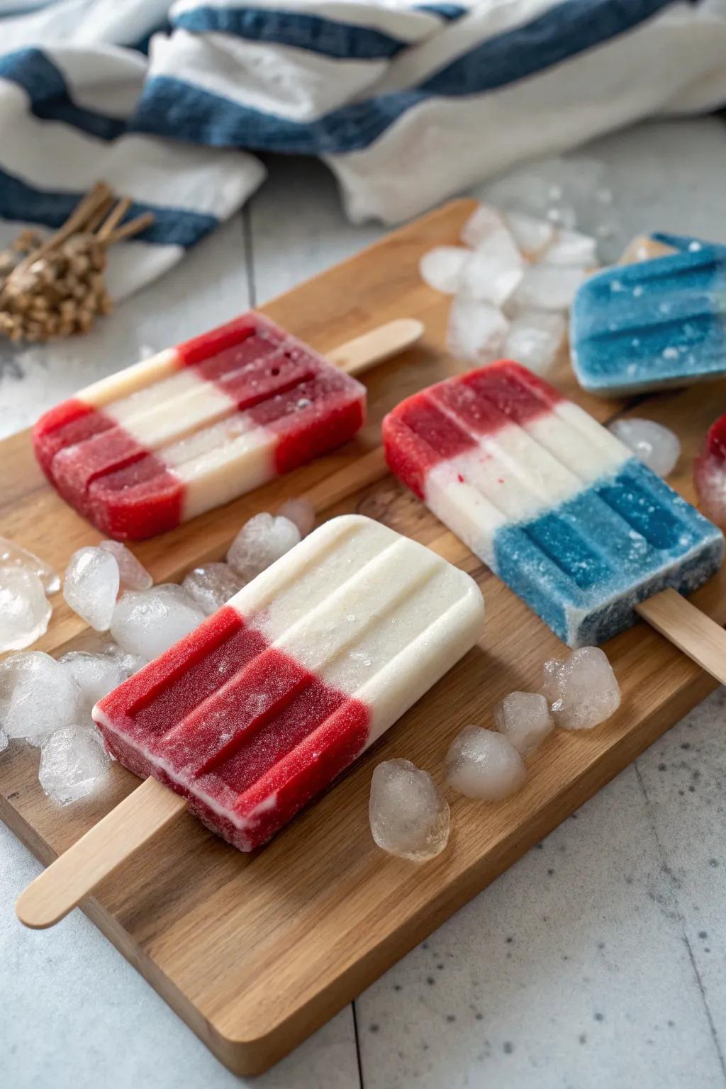 Homemade patriotic popsicles are a refreshing treat for a hot summer day.