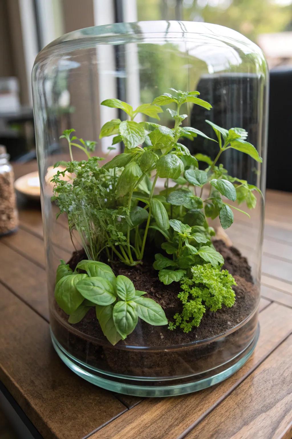 A practical spice garden terrarium with fresh spices.