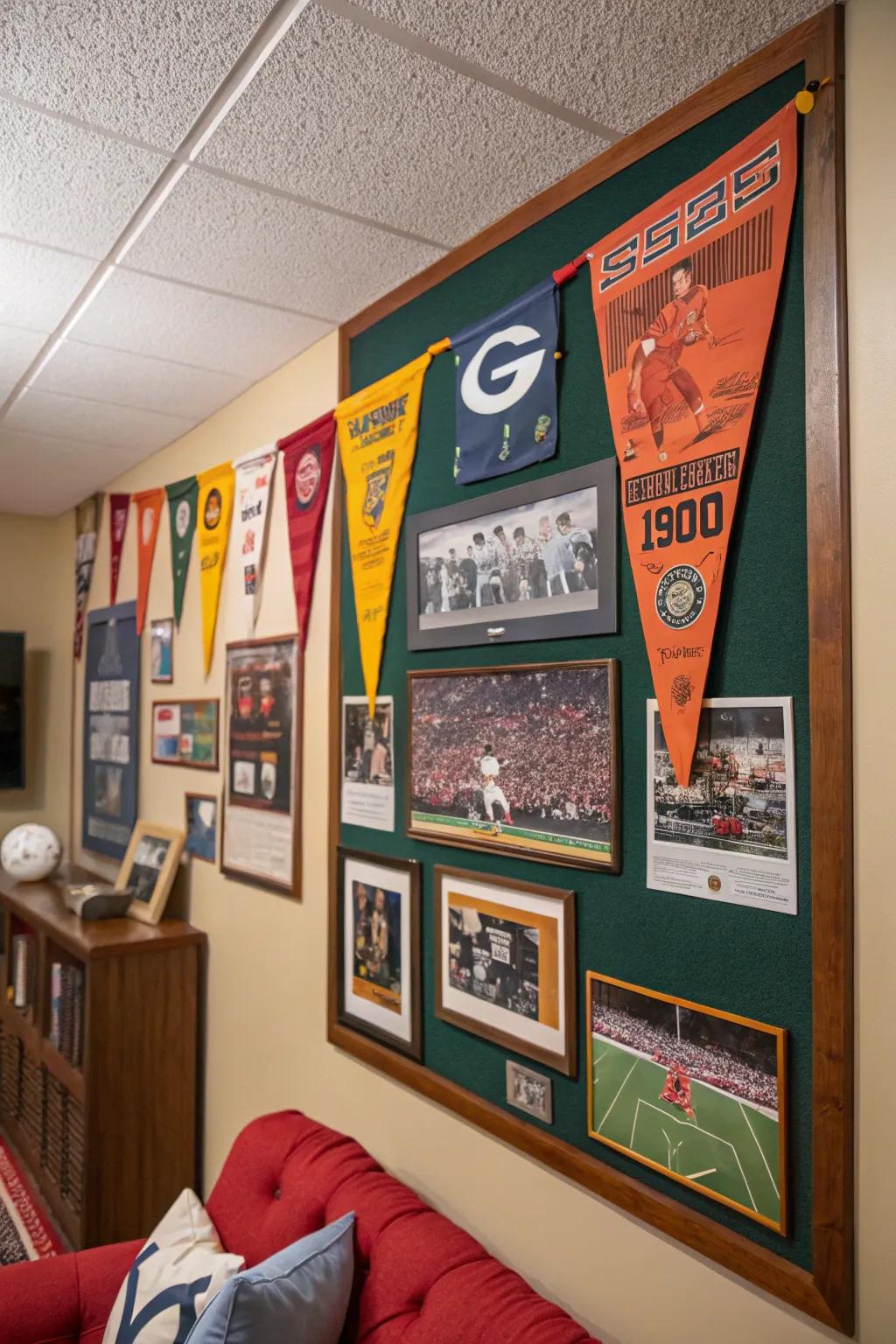 80s sports memorabilia adorning a pinboard in a sports-themed room.