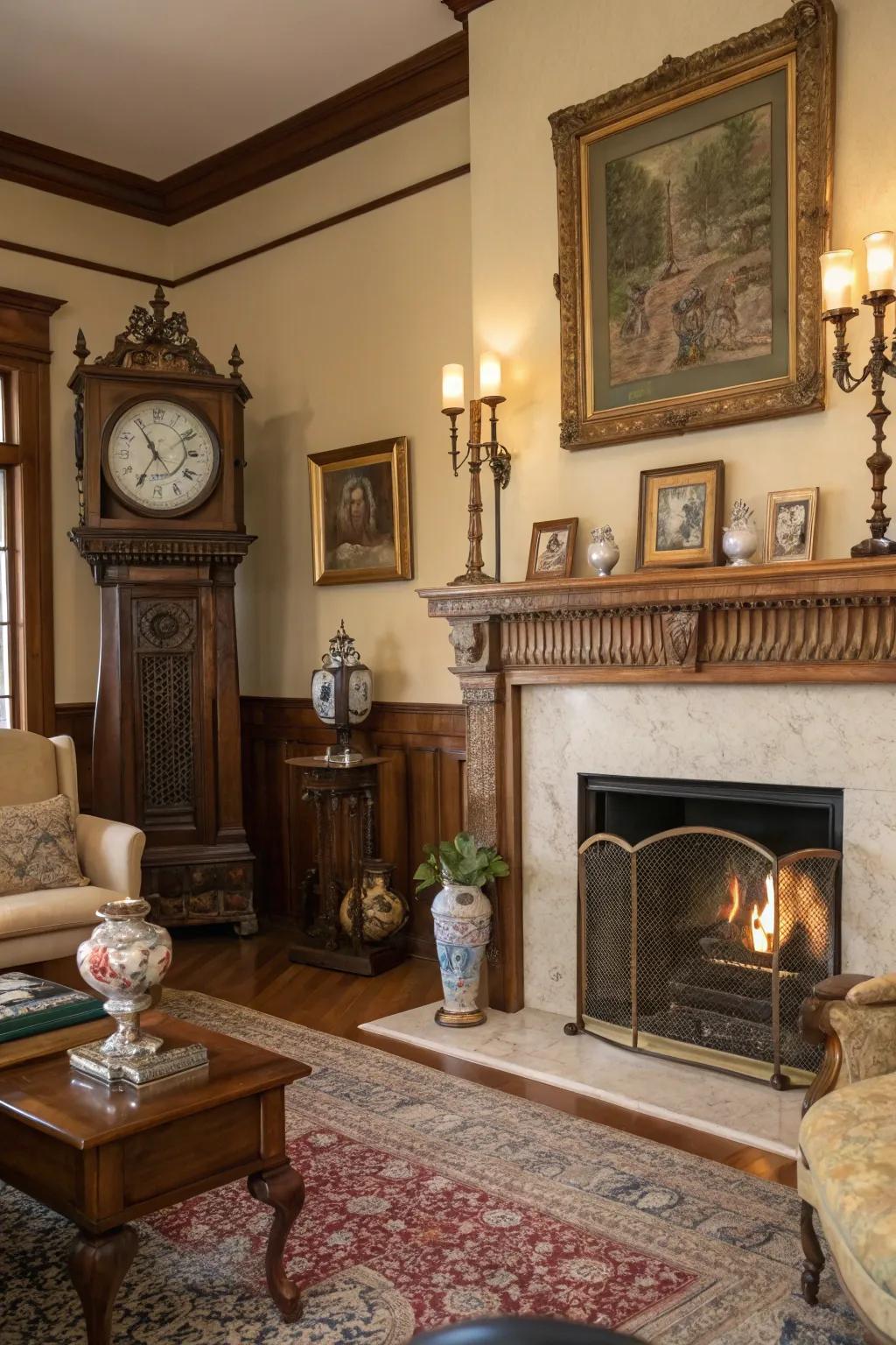 Vintage items impart ageless charm and personality above the fireplace.