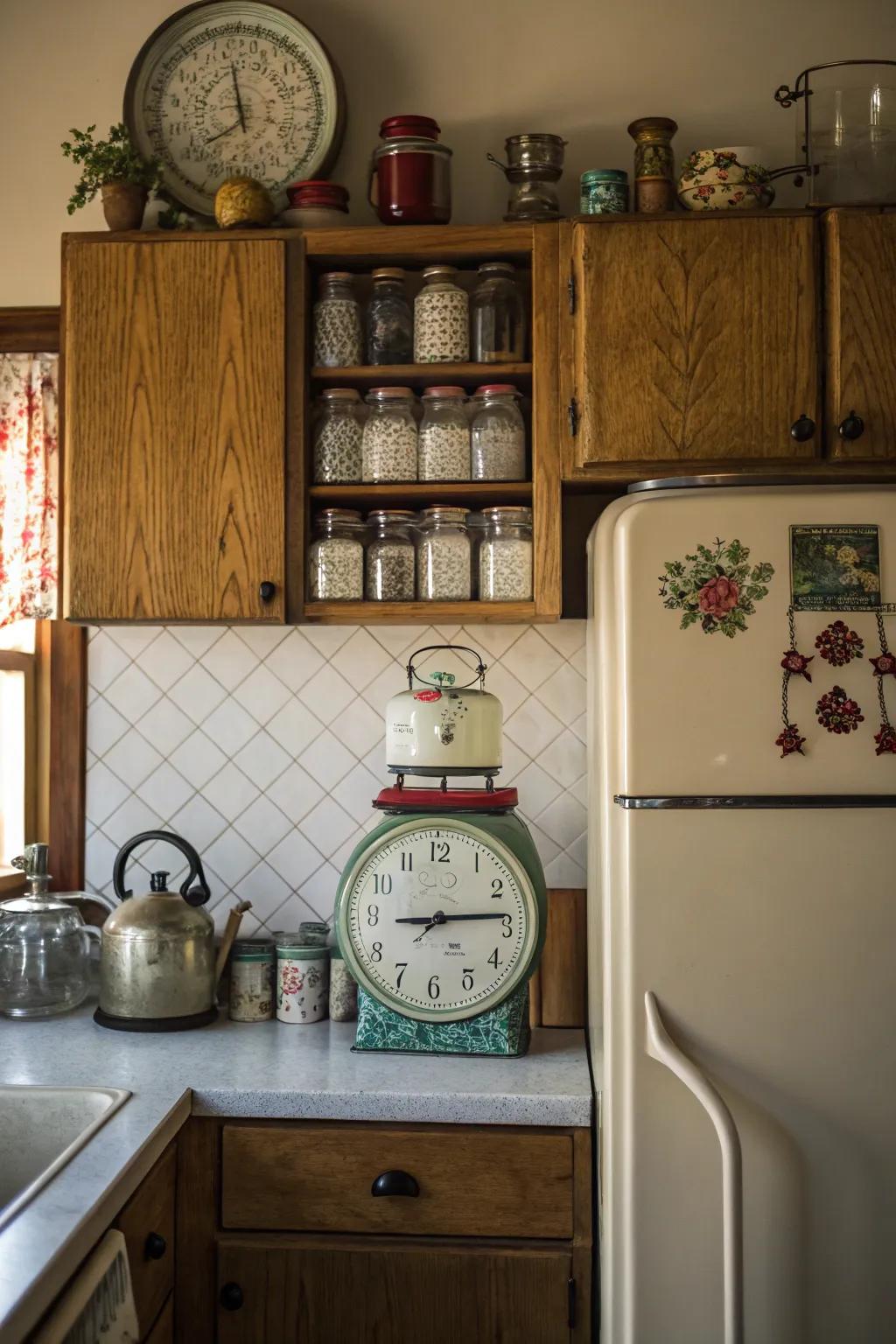 Exhibit collectibles over the refrigerator to introduce a personal element.
