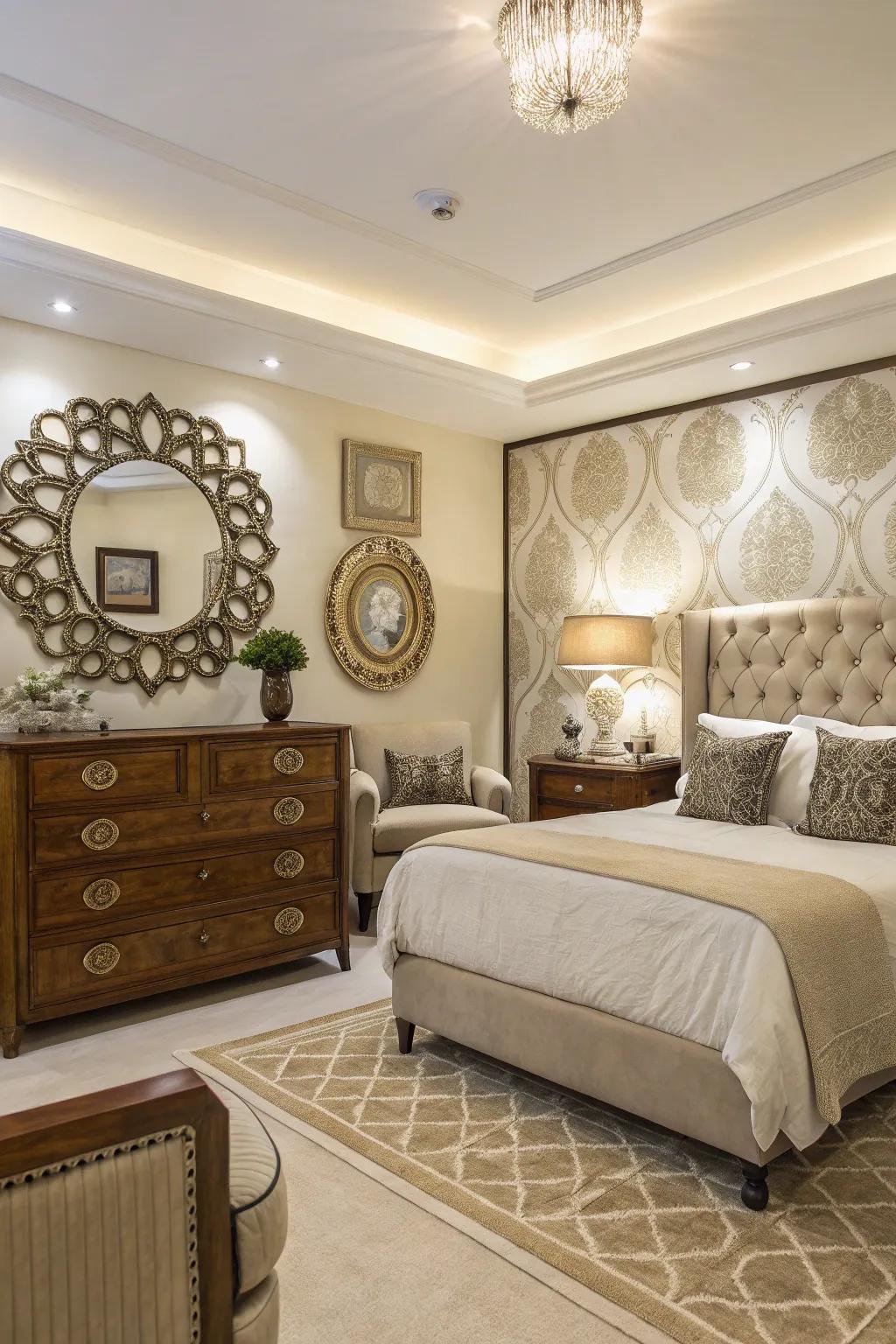 Reflective surfaces on the accent wall reflect light and create an illusion of space.