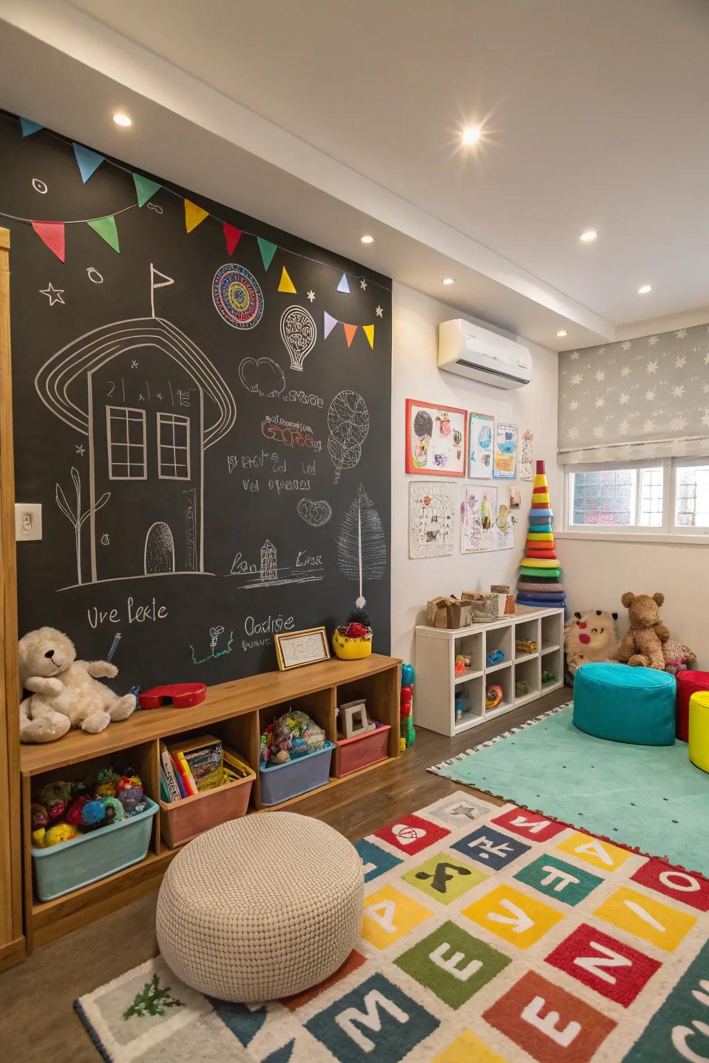 A playful play area featuring a fun slate canvas accent wall.