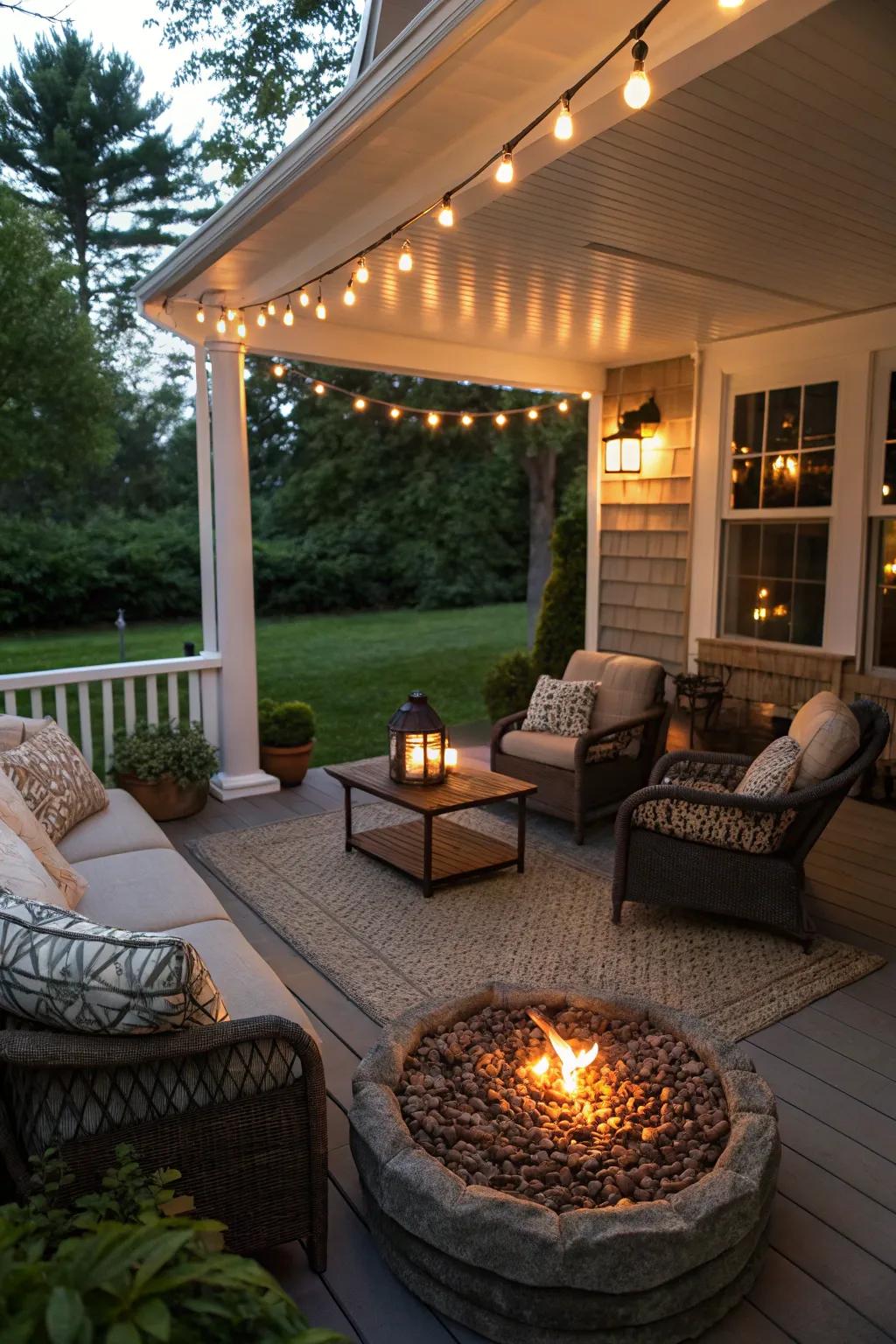 A comforting porch featuring a warm and welcoming fire element.