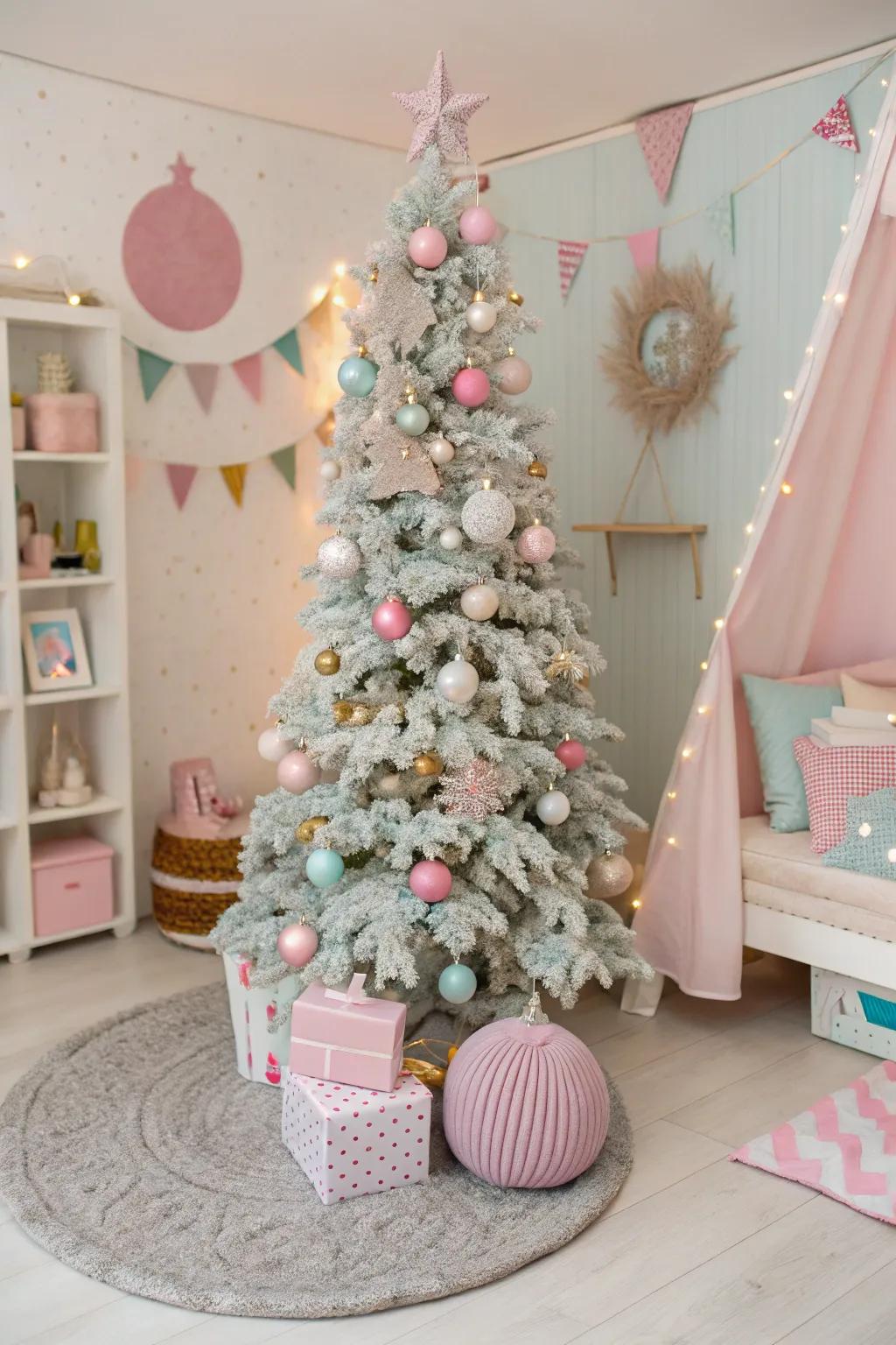 A fanciful Christmas tree decorated with soft pastel colors for a playful look.