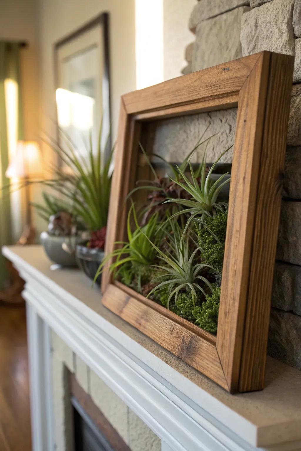A living frame of air plants introduces a botanical touch.