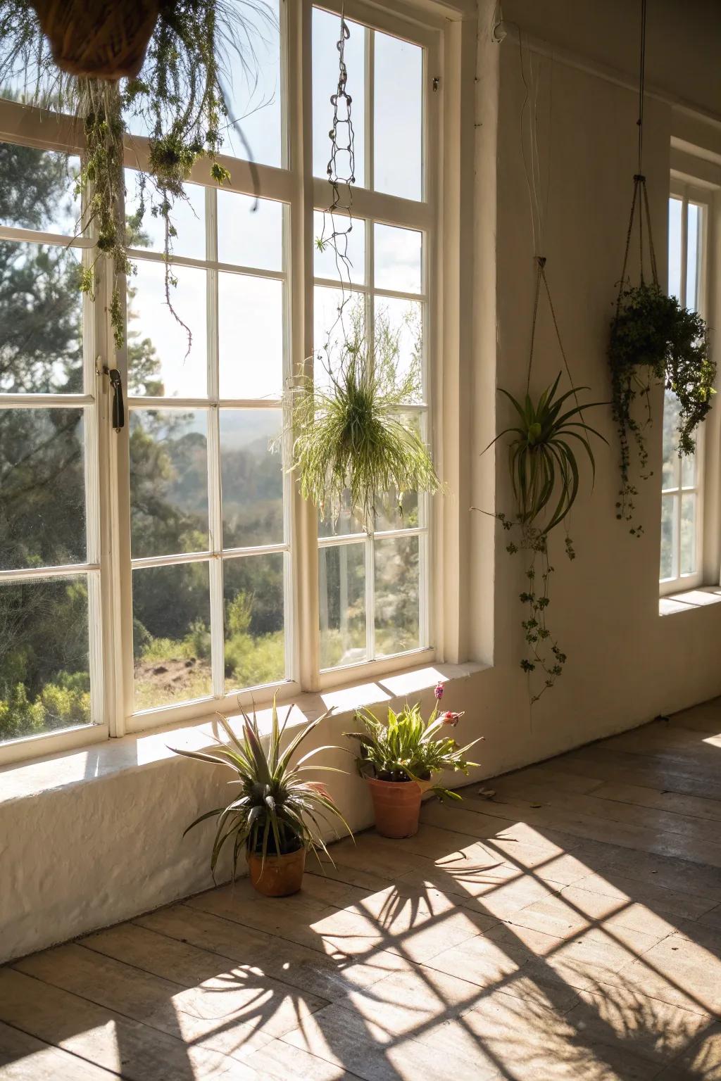 Air plants hanging from a window frame.