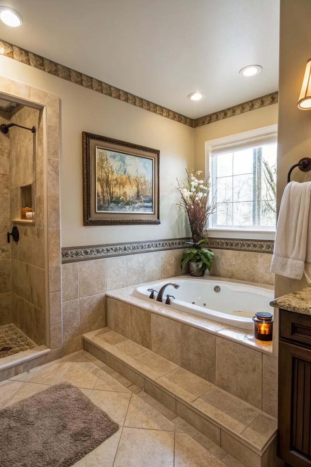 Share yourself by laying out art into your bathroom decor.