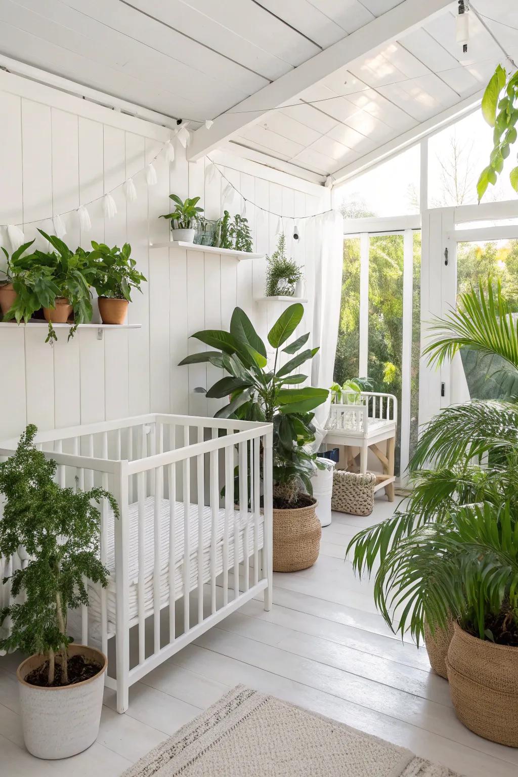 Elements from nature bring life to a serene white nursery.