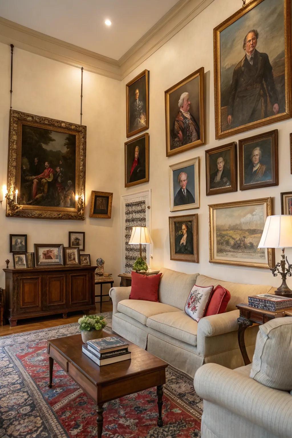Portraits and artworks enhance the historical charm of a room.