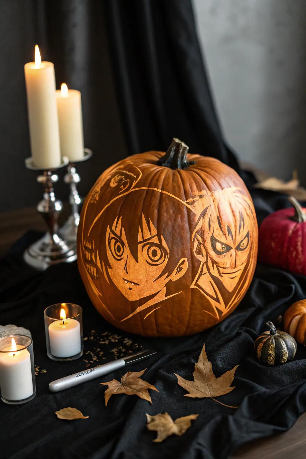 Intrigue your attendees with anime being visage garb pumpkins.