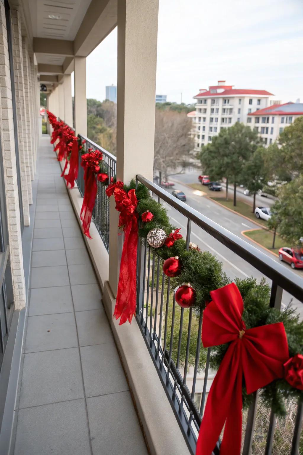 Rouge highlights bring a traditional Christmas detail to this balcony.