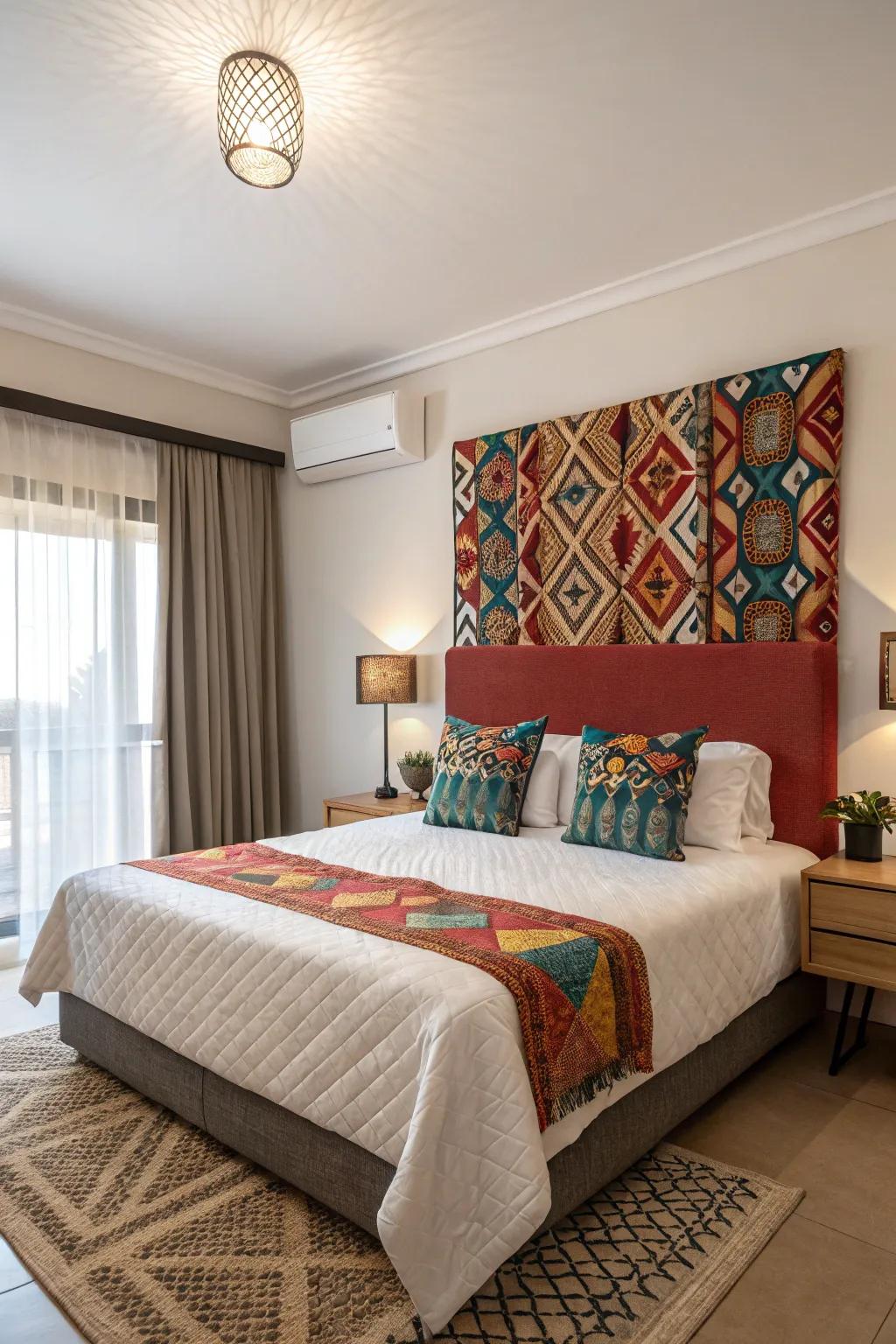 A striking headboard serves as the focal point of this apartment bedroom.