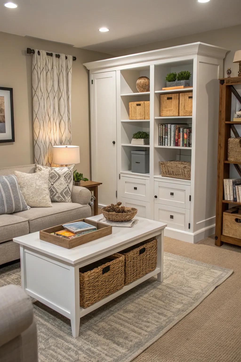 Smart storage solutions ensure a tidy and organized ambiance in this small living space.