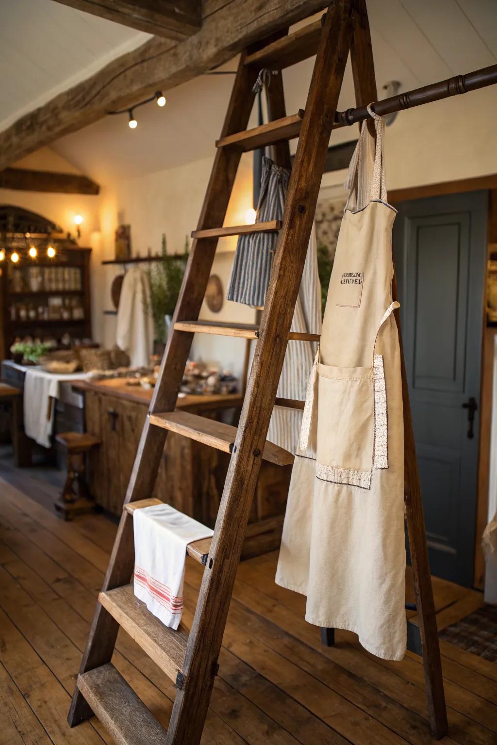 An aged ladder ledge appends countryside allure to apron presentations.