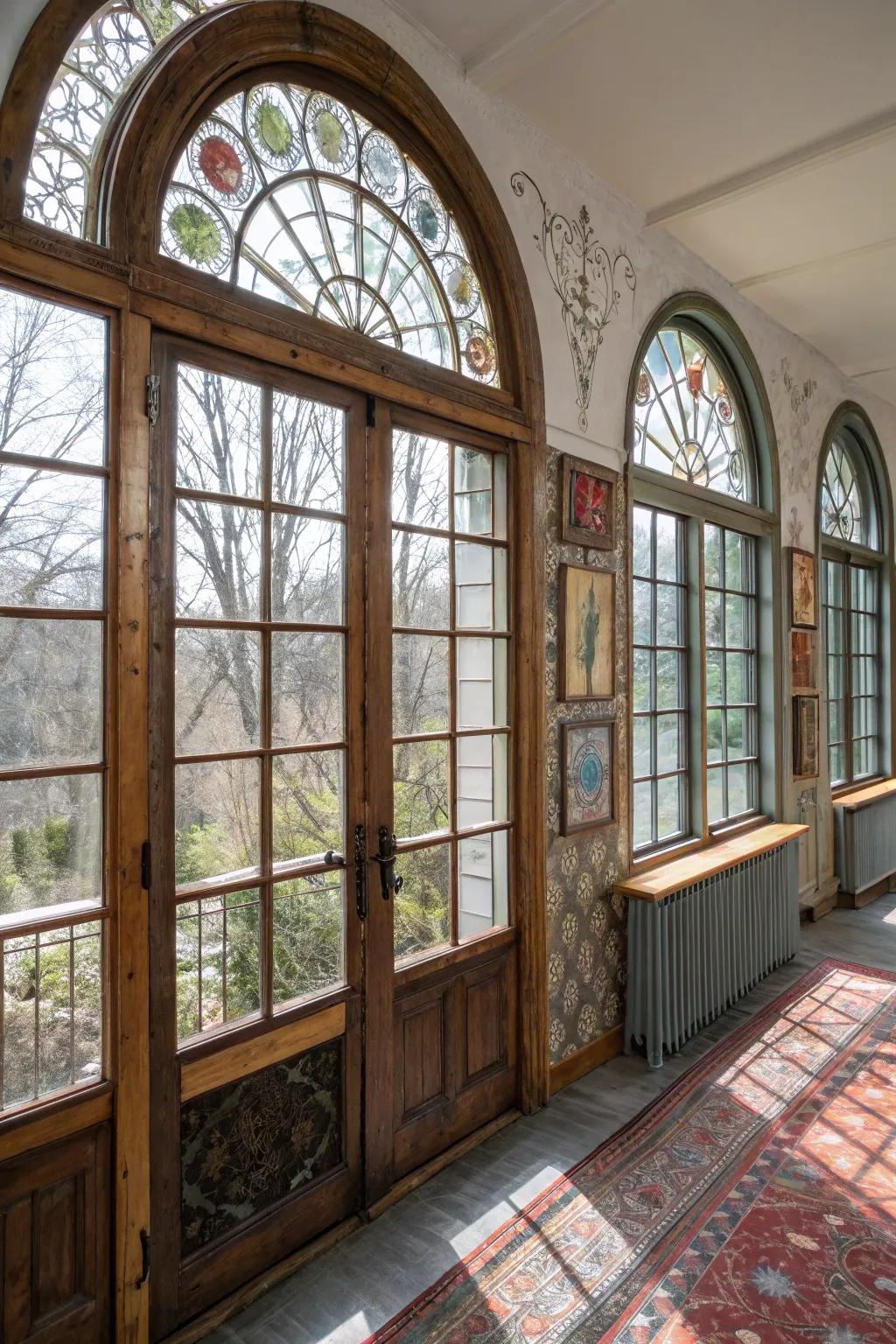 An eclectic room featuring composite material treatment on arched windows.