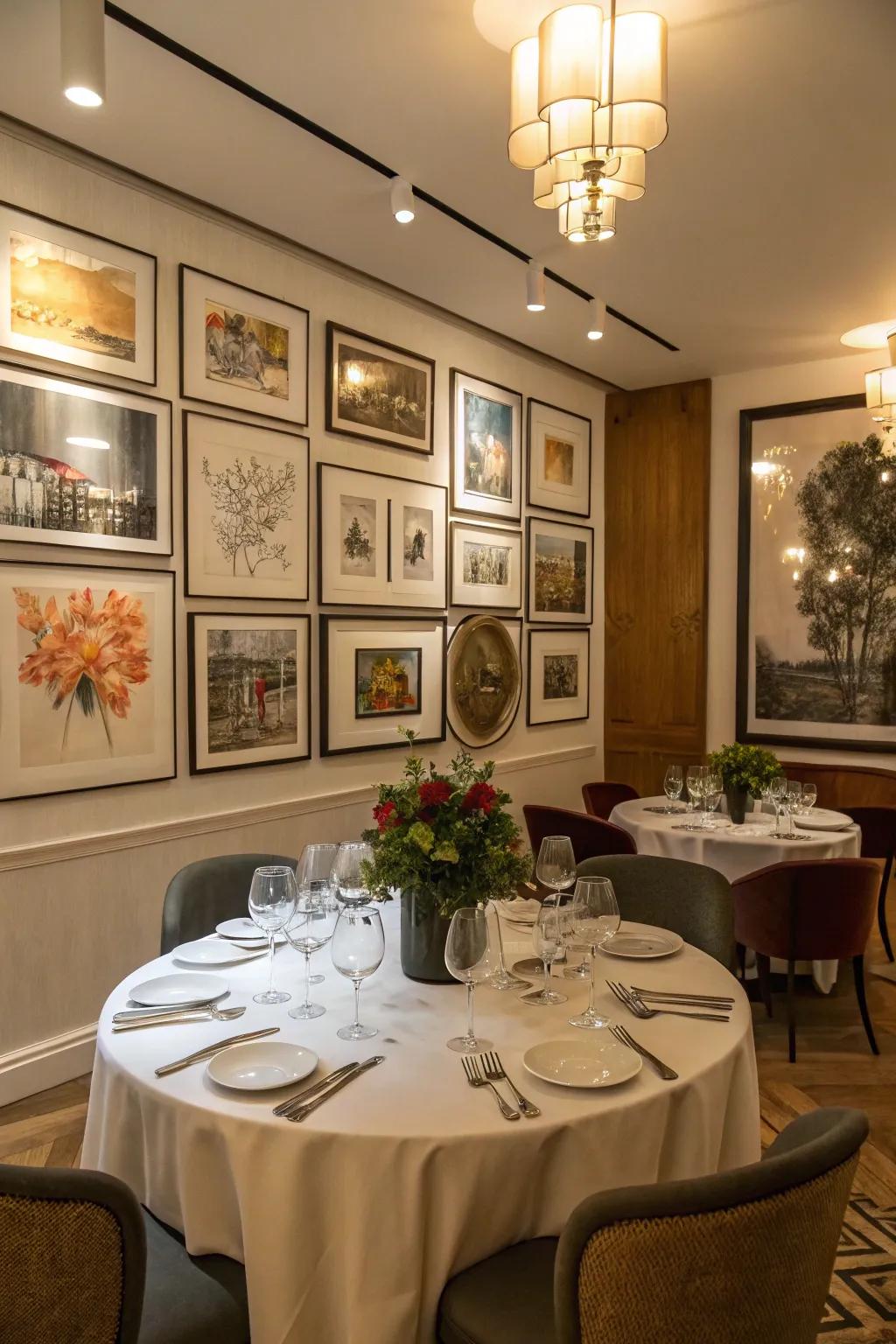 A display wall with assorted art pieces introduces character and charm to this dining area.