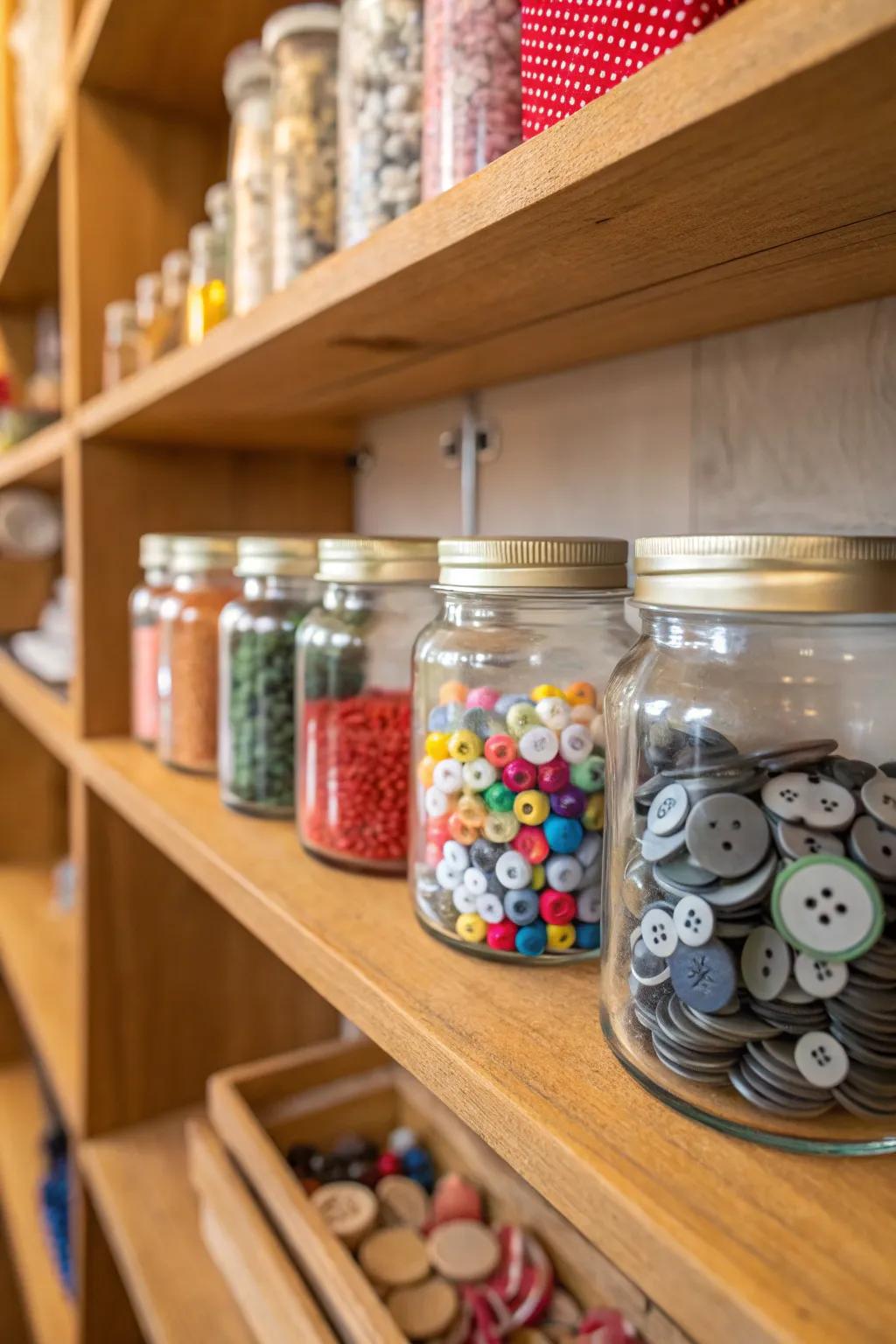 Glass jars provide pretty and practical arrangement for small items.