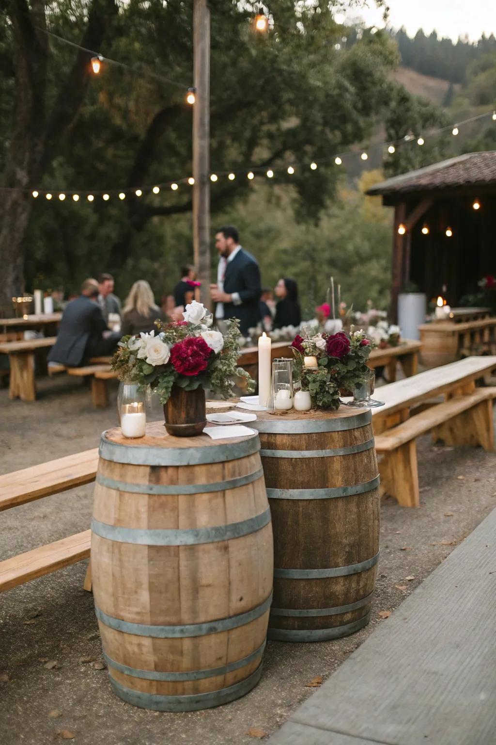 Timber kegs inject a countryside essence into wedding counters.