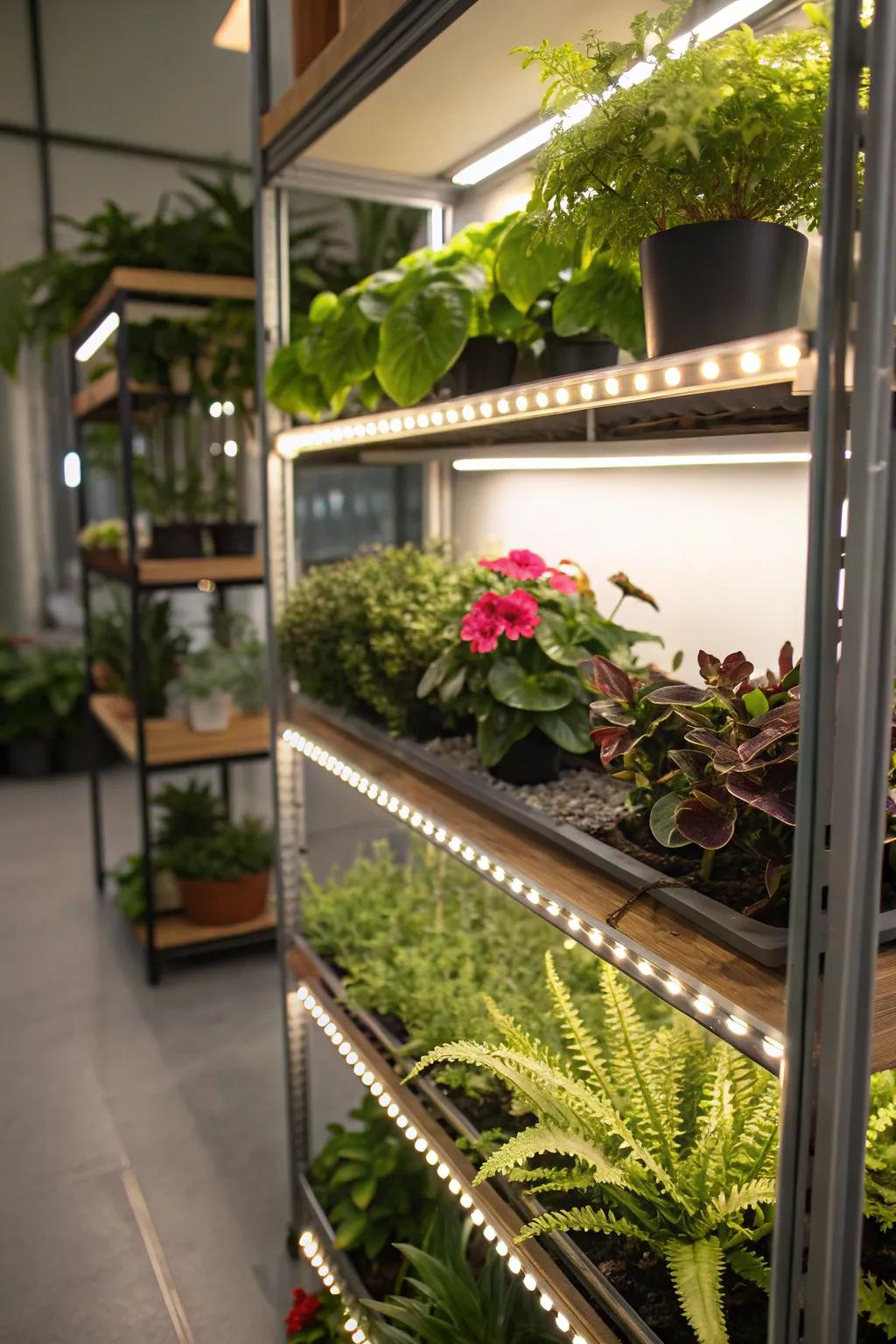 LED strip lighting highlighting plant racks with an ambient glow.