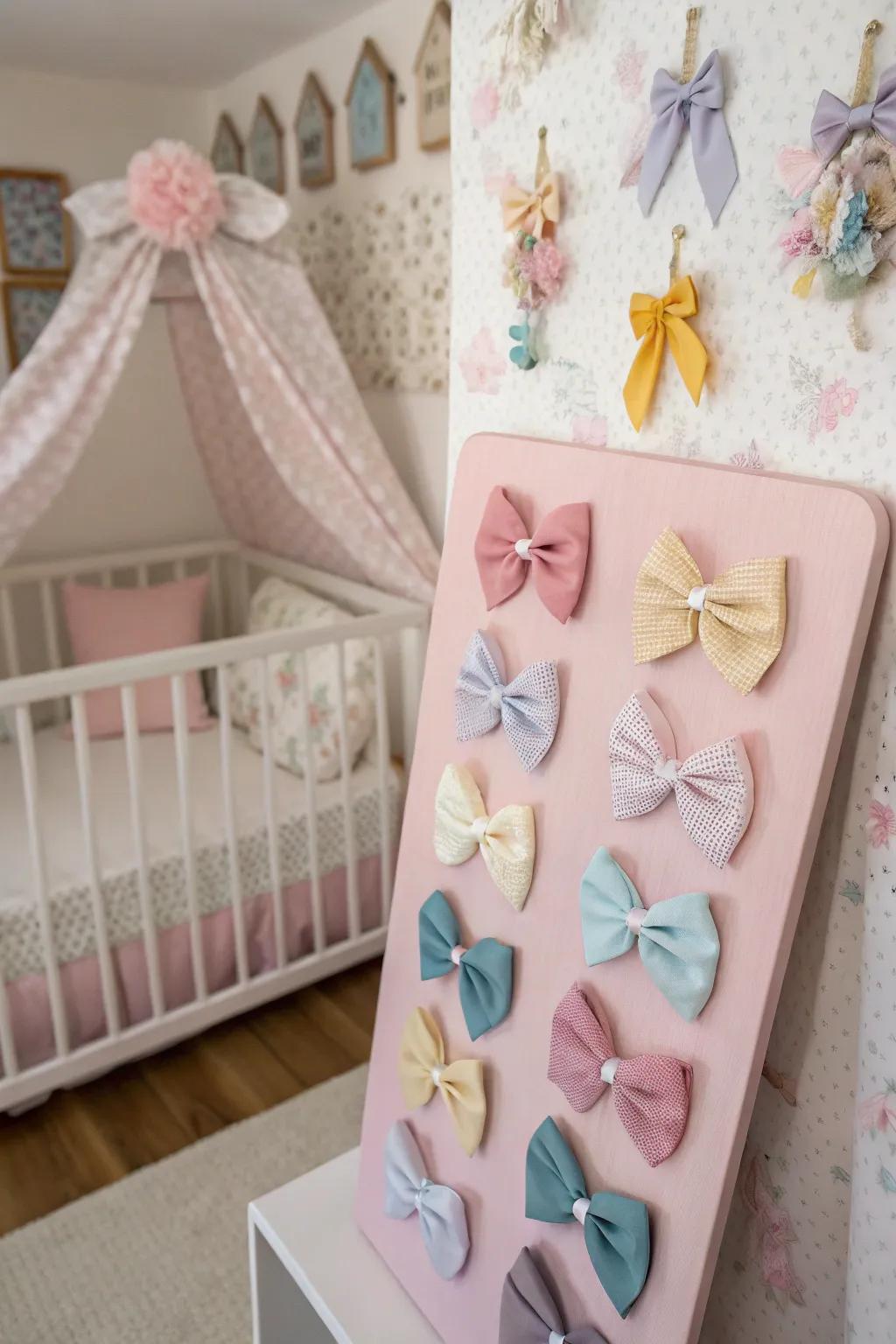 Custom themed board for arranging baby bows.