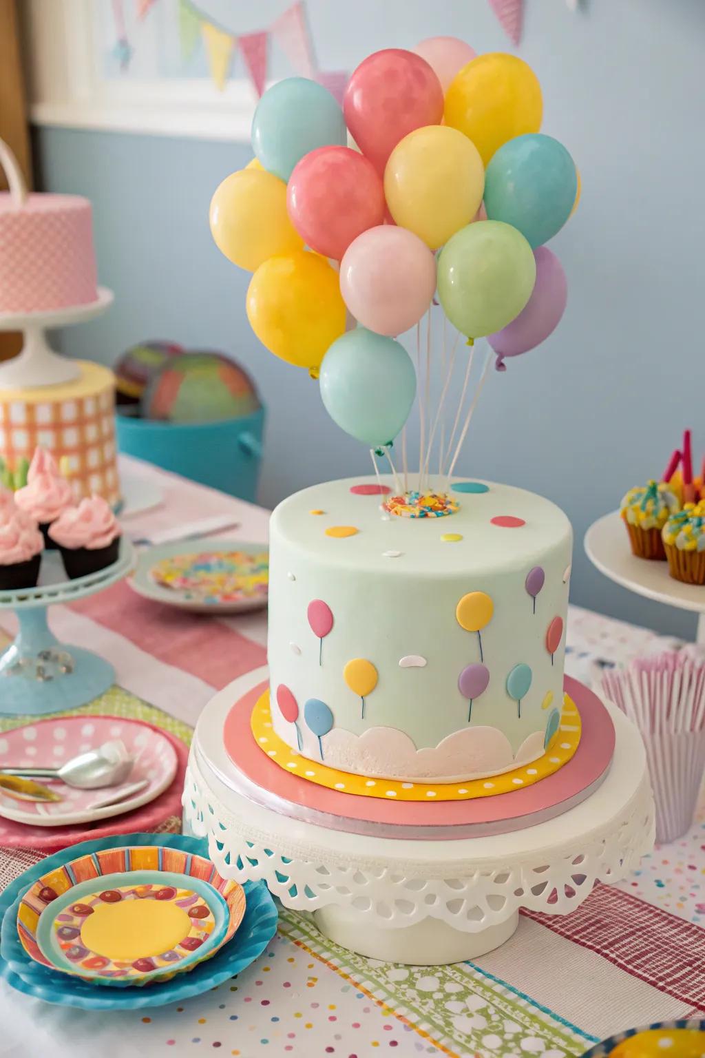 A balloon-themed cake featuring cheerful and colorful decorations.
