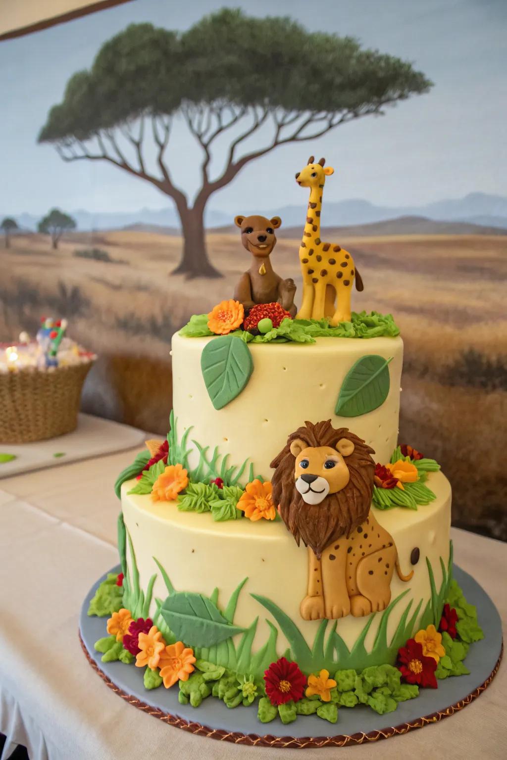 A safari-themed cake for a baby boy gathering.