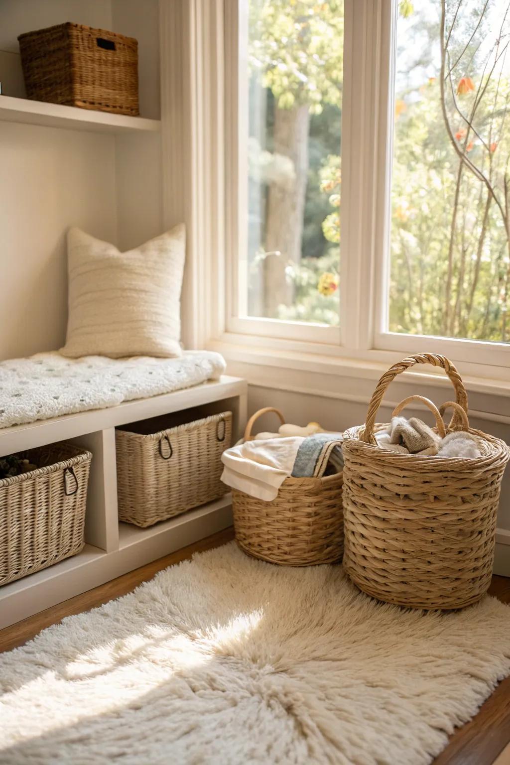 Material elements can add warmth and interest to the baby area.