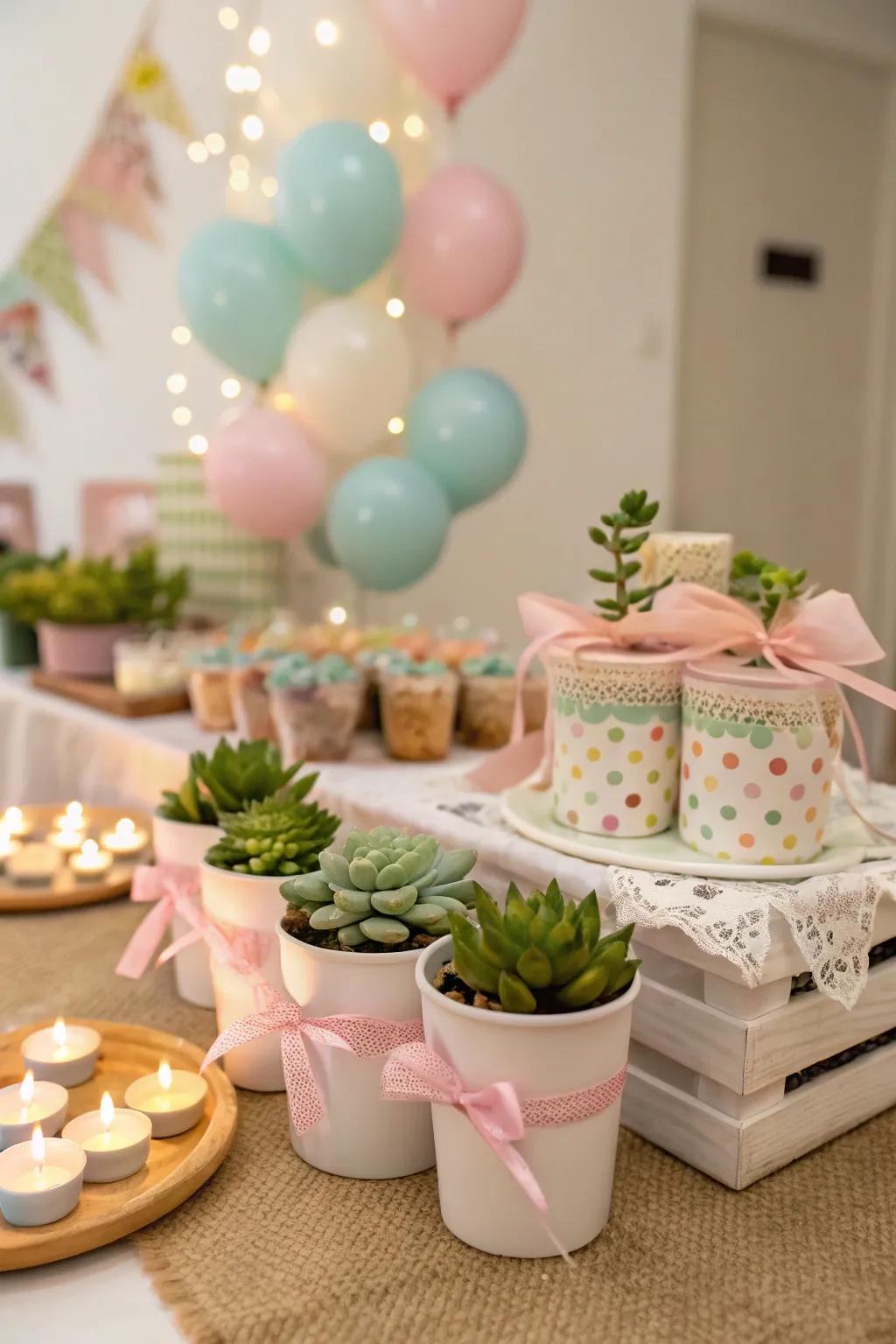 Themed baby shower trinkets like mini succulents and scented candles make thoughtful gifts.