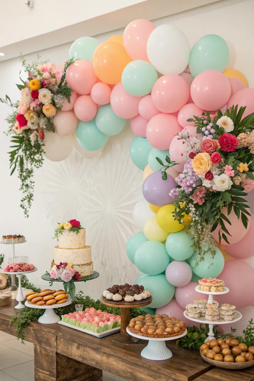 An attractive backdrop featuring balloons and floral details.