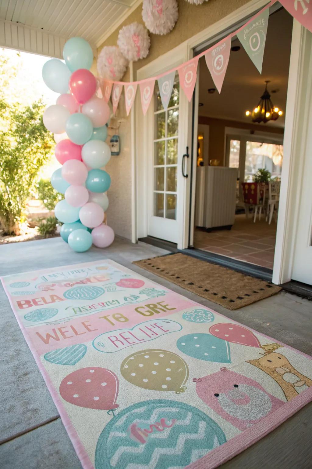 A decorative mat adds texture and colour to the baby shower entrance.