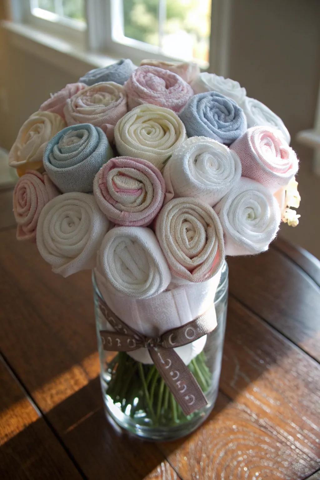 A striking bouquet crafted from baby clothes, symbolizing a practical and beautiful gift.