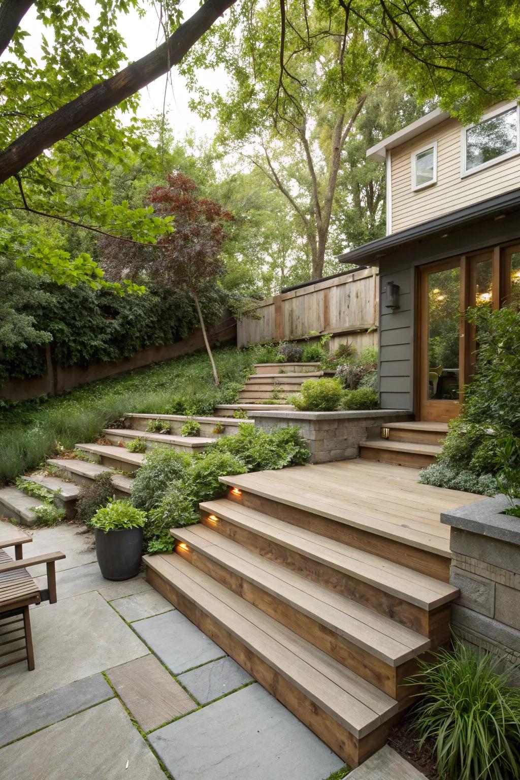 Split-level steps with sitting add functionality and charm.