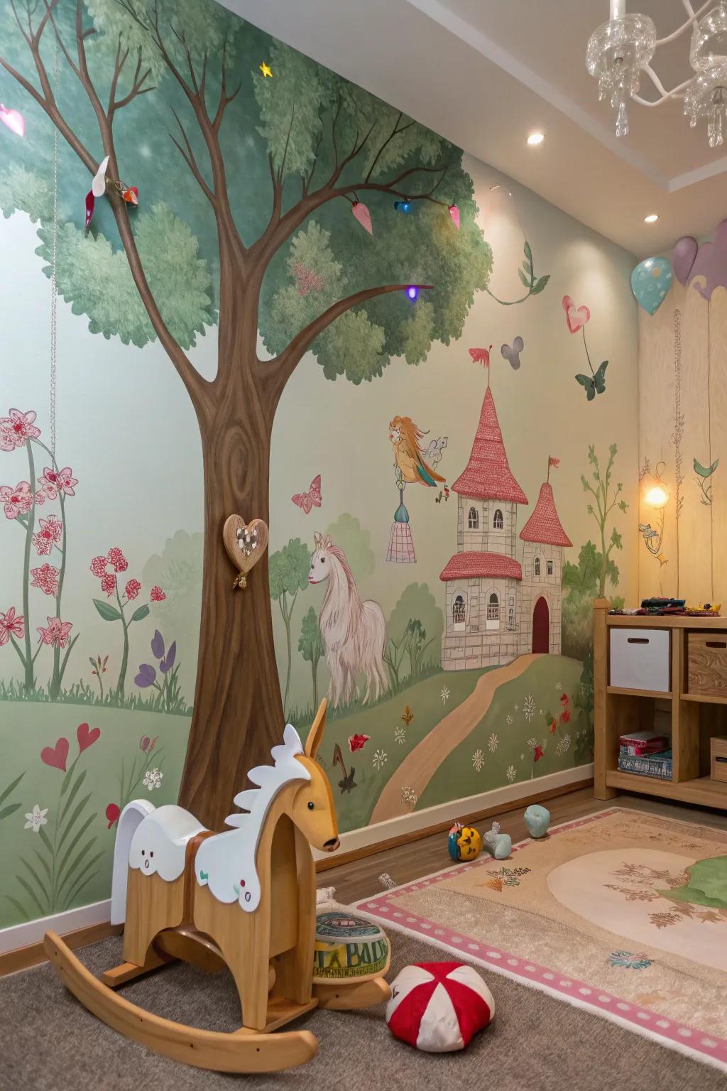 A play area featuring a whimsical forest graphic, showcasing fairy tale elements.