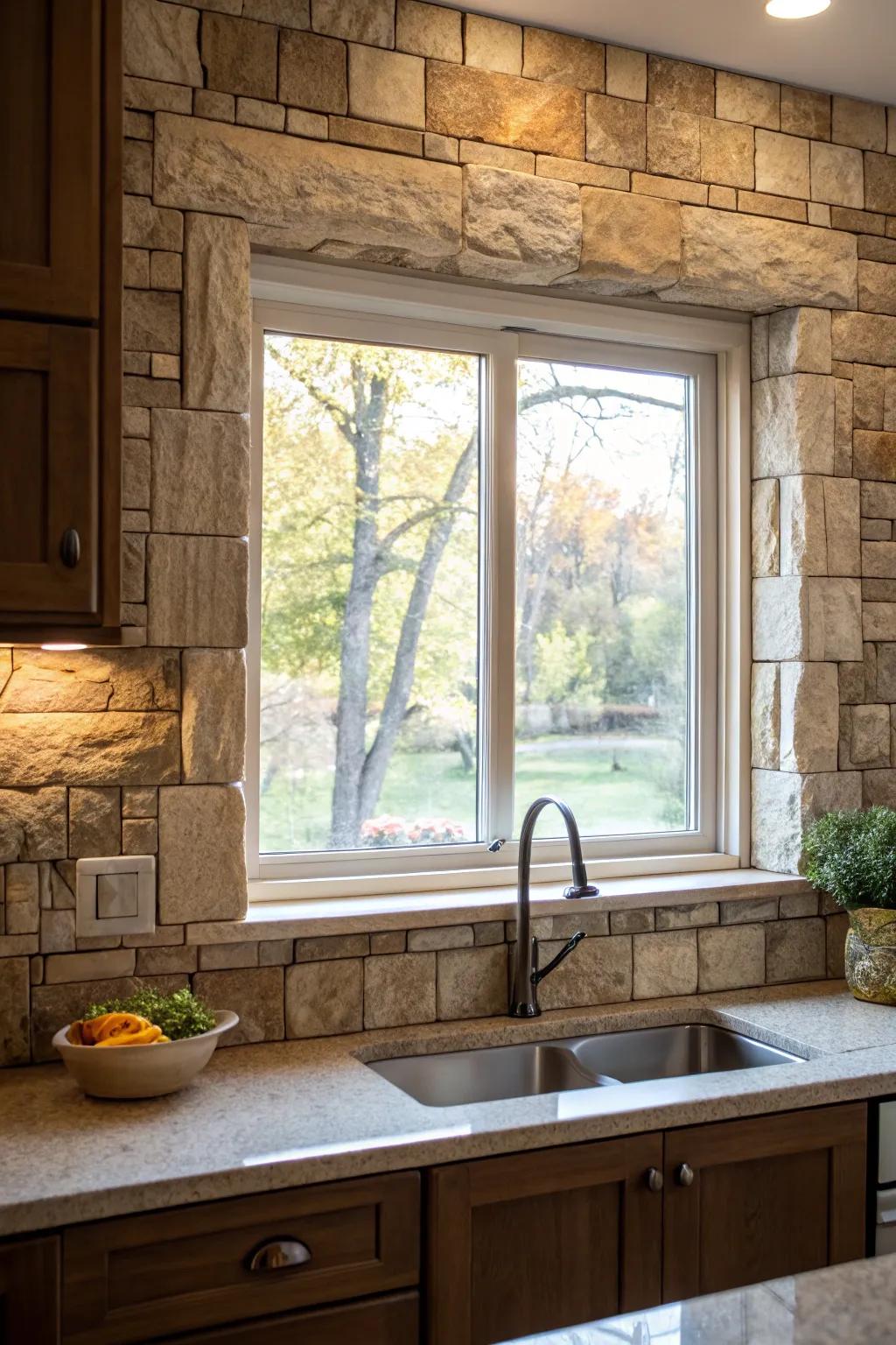 Natural rock tiles providing an organic feel around a kitchen window.