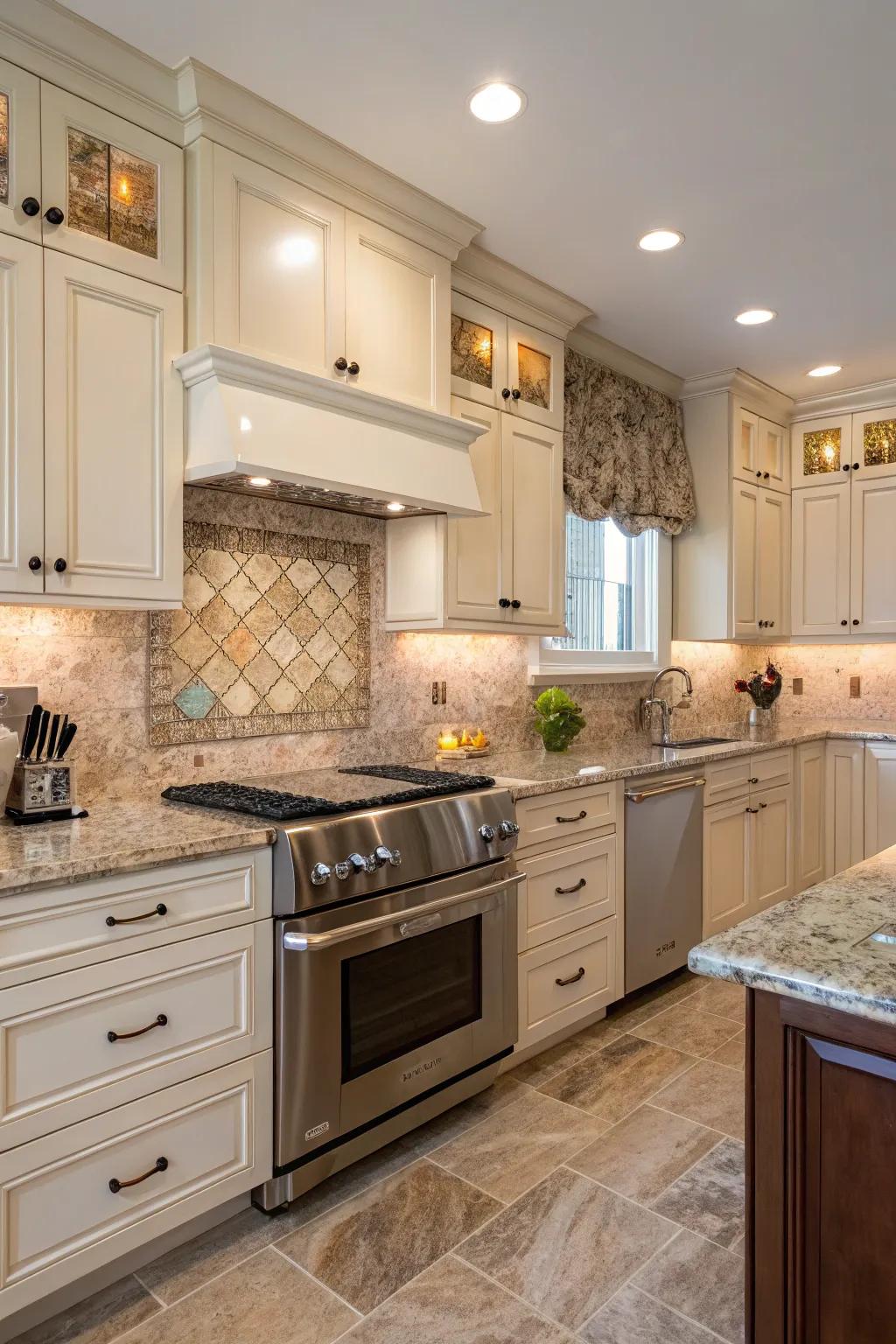 Muted tiles add a soft touch to complement fantasy brown granite.