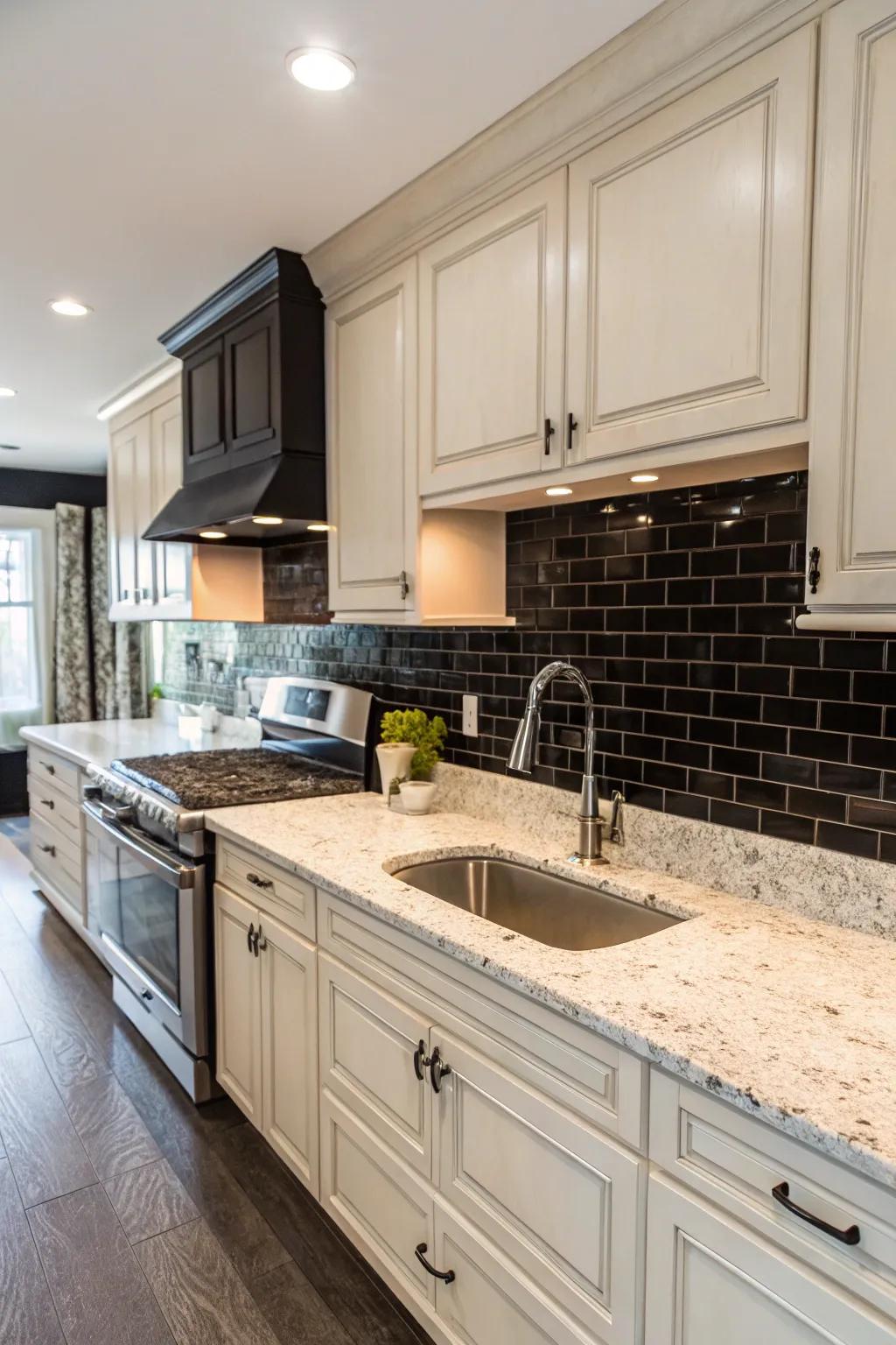 With light granite, a dark backsplash creates a striking contrast.