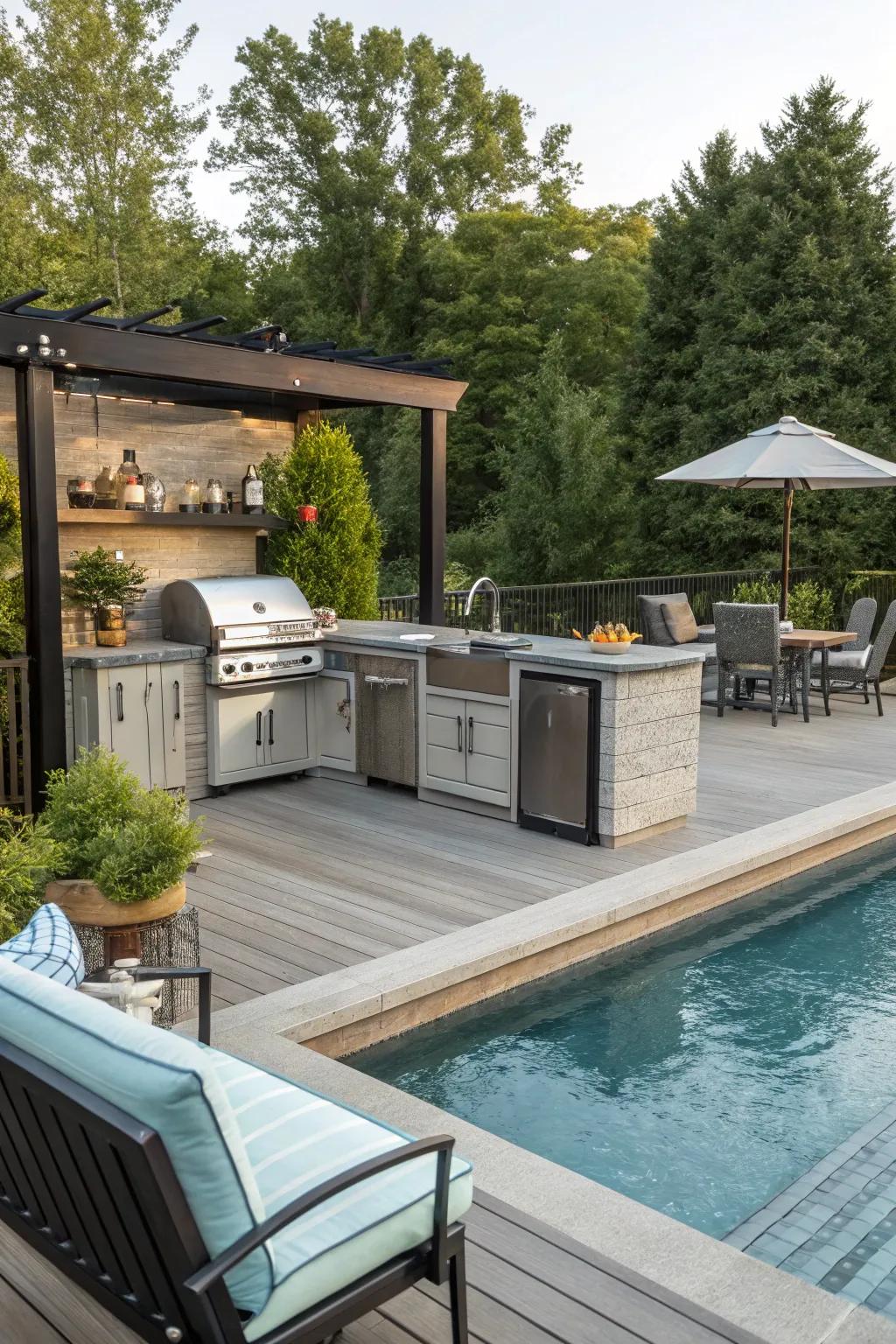 An exterior cooking area renders poolside get-togethers even more pleasurable.