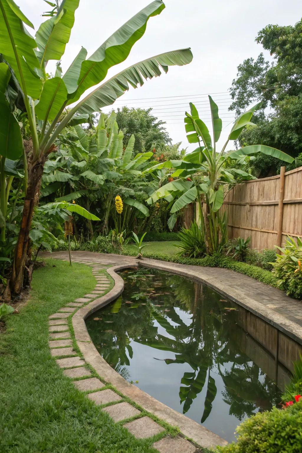 Enhance your water garden with tropical fruit trees for a lush tropical feel.