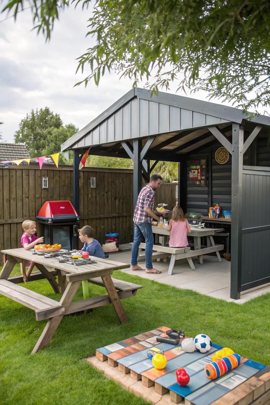 A hub for family fun: grilling station featuring games.