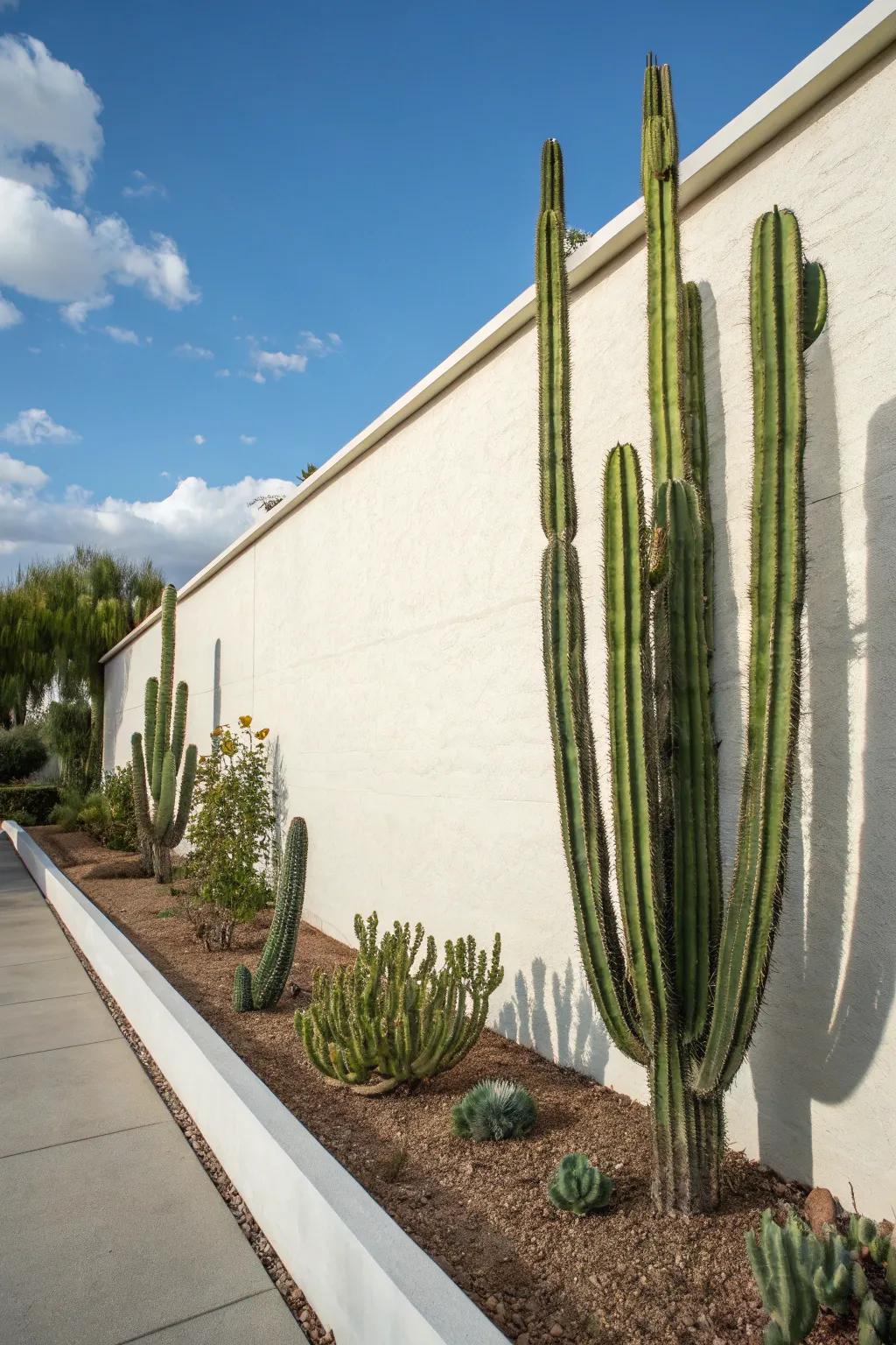 Tall cacti against light walls creating dramatic contrasts and shadows.