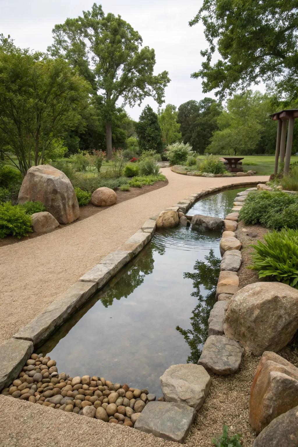 A serene water feature paired with crushed rock for a calming garden atmosphere.
