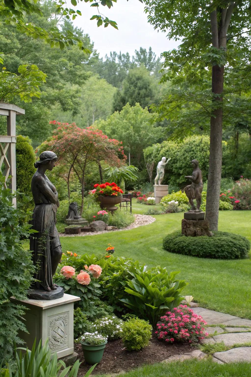Your easement gains artistic flair from garden sculptures.