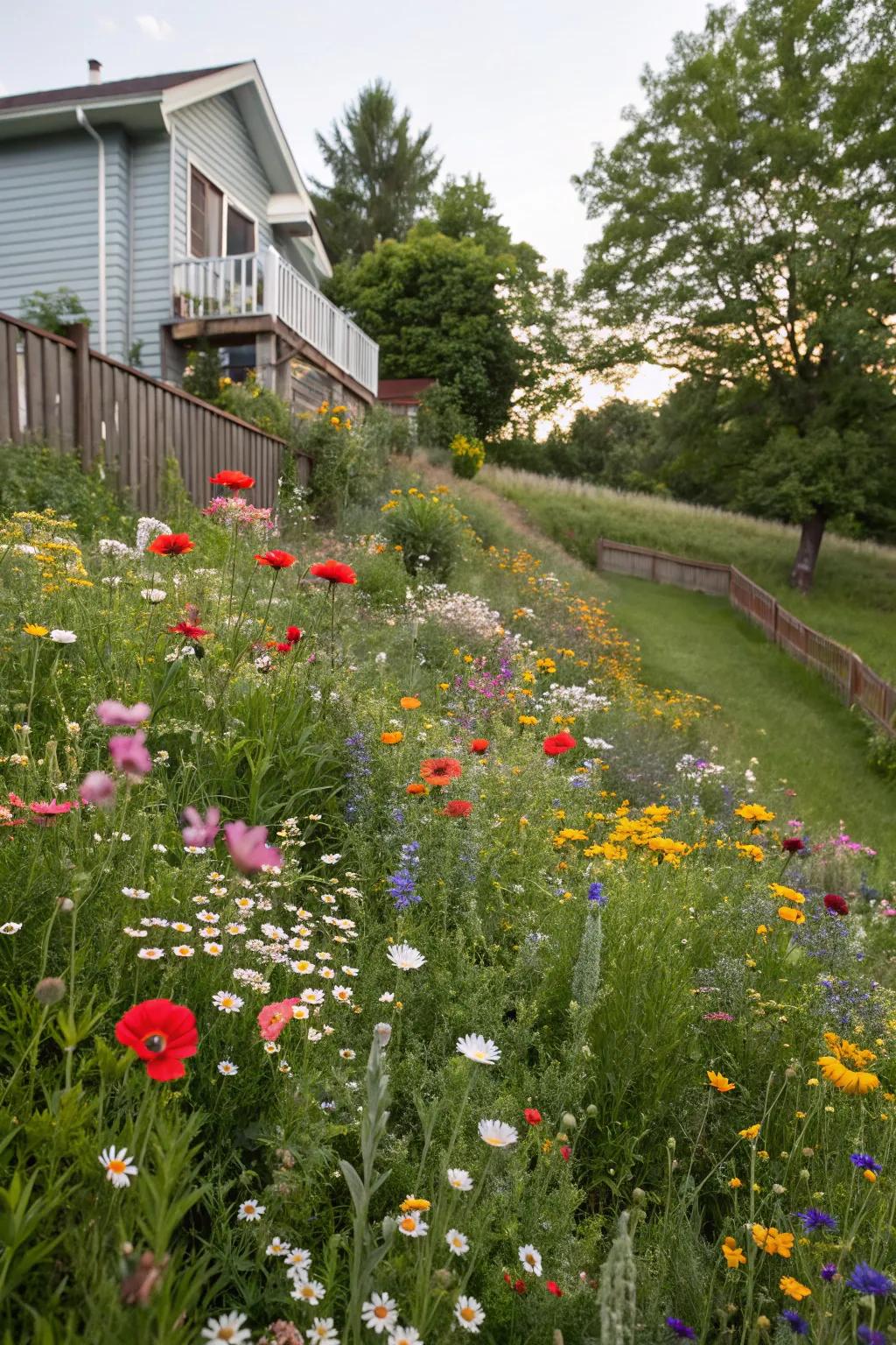 A wildflower field carries vibrant life and color to a hill.