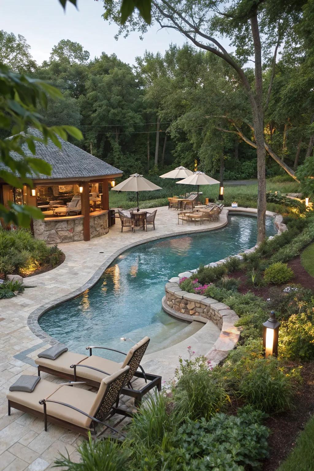 A convenient swim-up refreshment spot in a lazy river pool for easy entertaining.