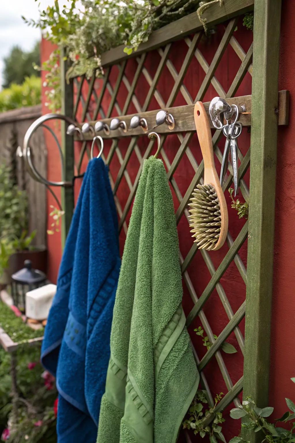 Elevate your outdoor dog washing station with a handcrafted trellis towel rack&mdash;where style meets functionality!