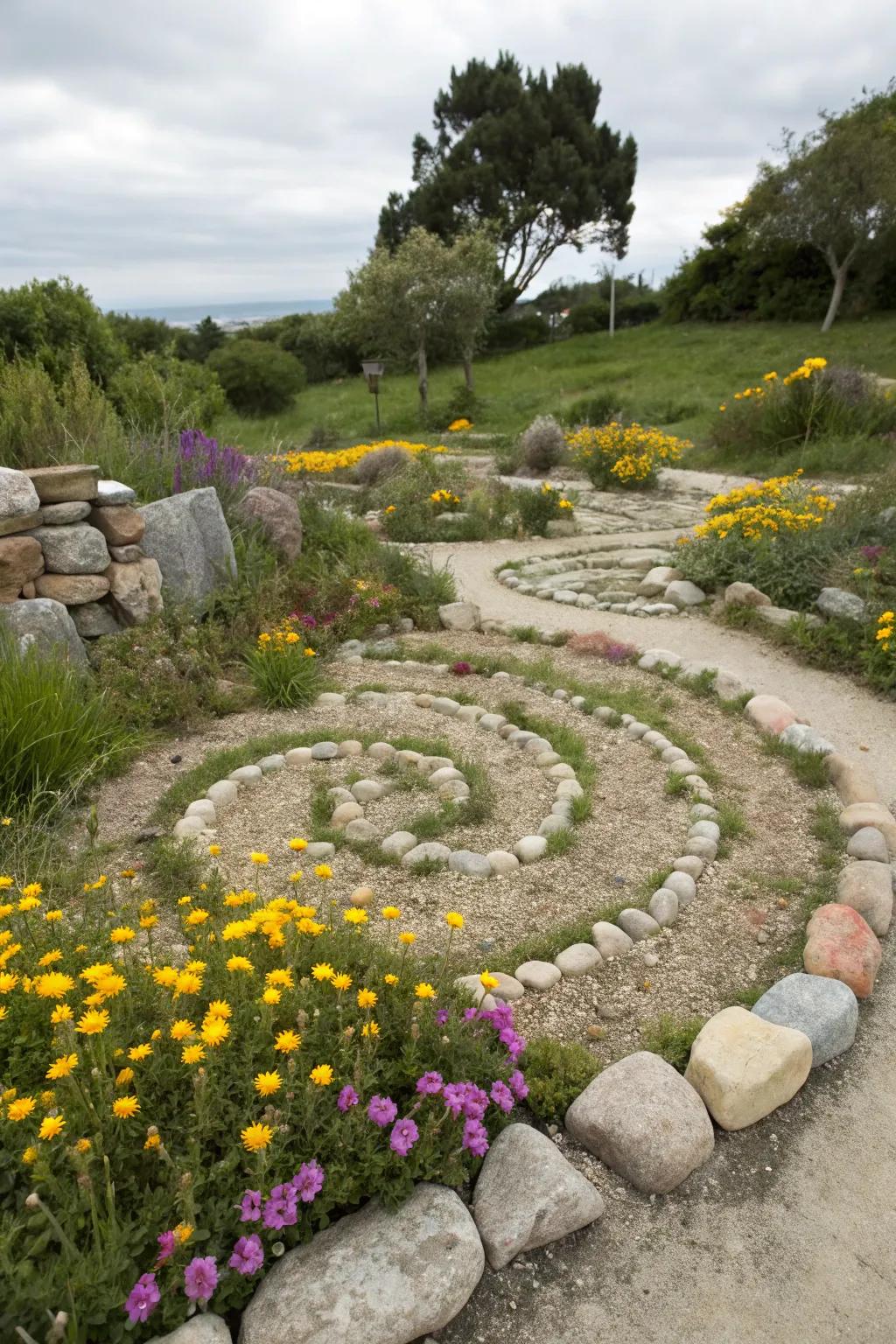 Art displays with stones highlight creativity.